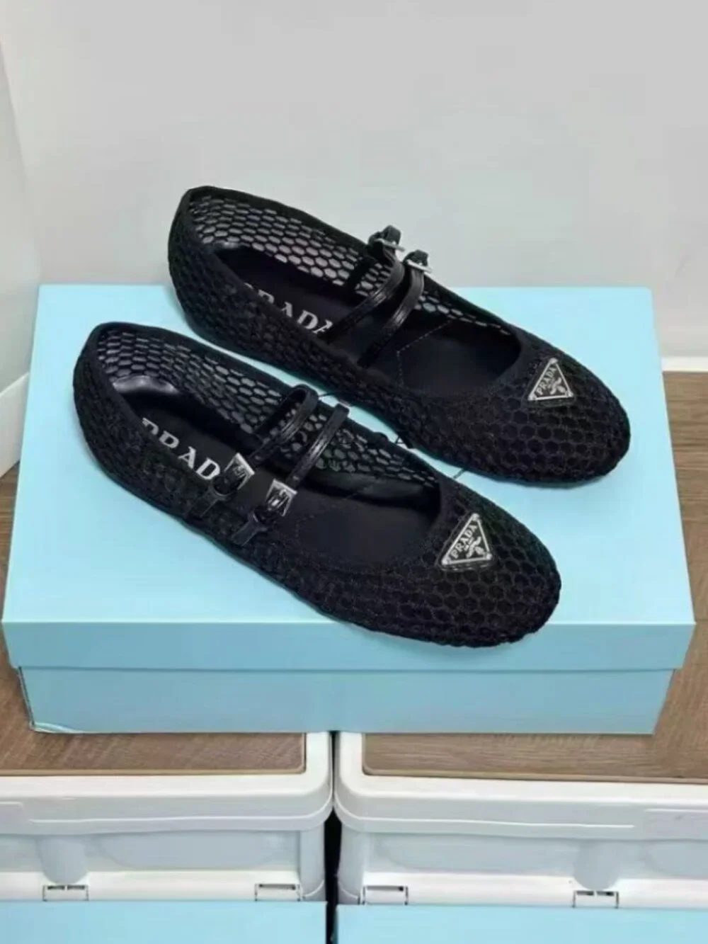 Prada Black Mesh Double‑Strap Mary‑Jane Round‑Toe Flat Ballet Shoes